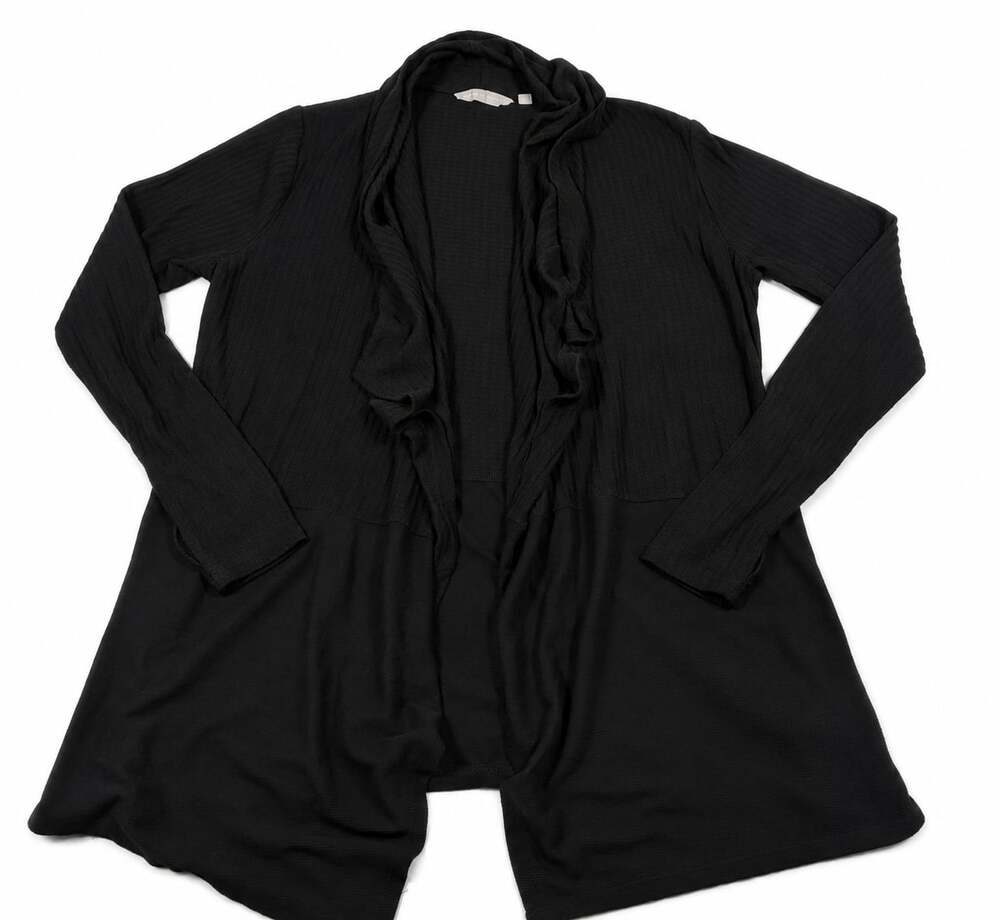Harmony & Balance Black Ribbed Ruffle Open Front Cardigan
